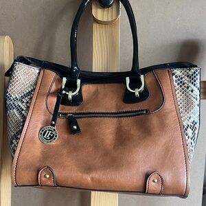 London Fog Brown and Black Tote with Snakeskin Detail